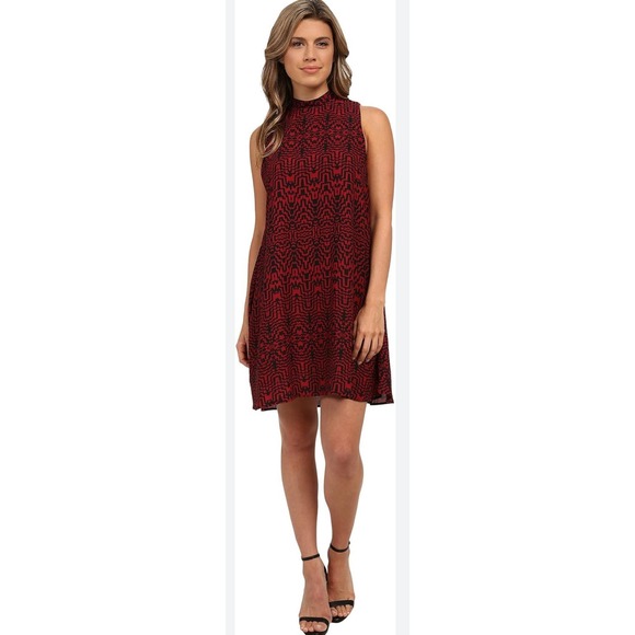 BB Dakota Red Black Trapeze Abstract Mock-neck‎ Shift Dress Size Medium - Picture 2 of 8